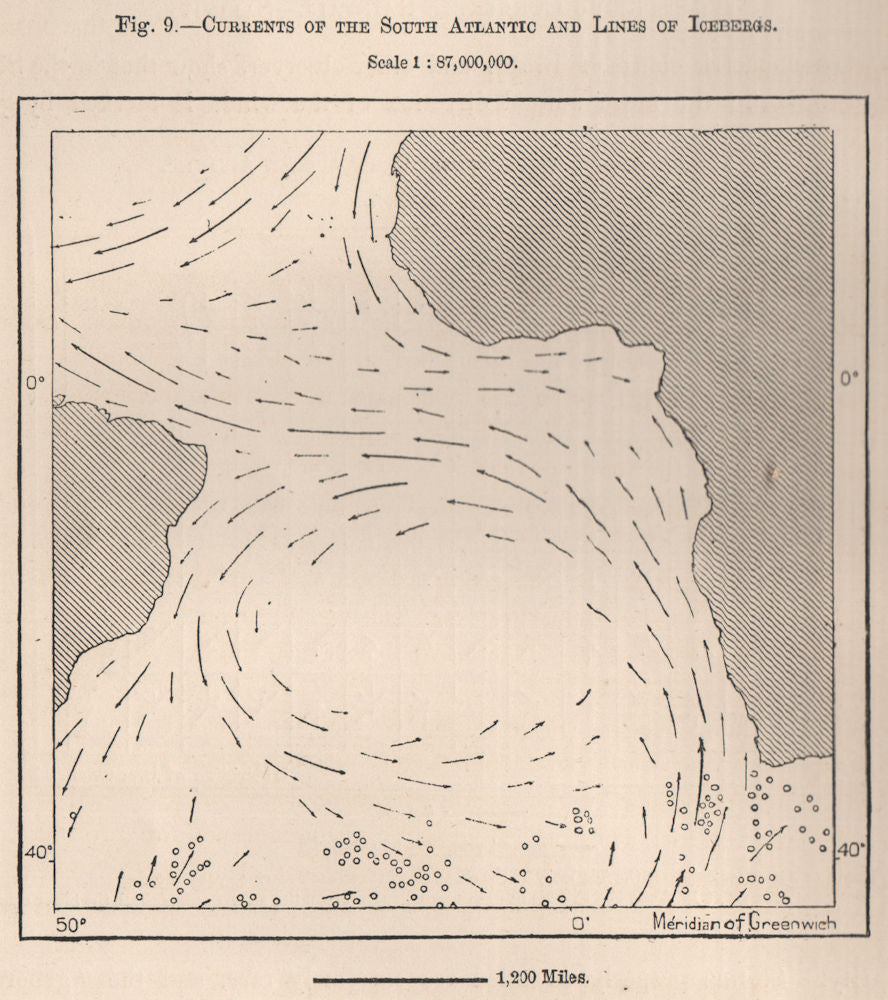 Currents of the South Atlantic and Lines of Icebergs. Atlantic Ocean 1885 map